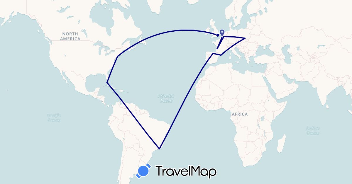 TravelMap itinerary: driving in Belgium, Brazil, Spain, France, United Kingdom, Poland, United States (Europe, North America, South America)